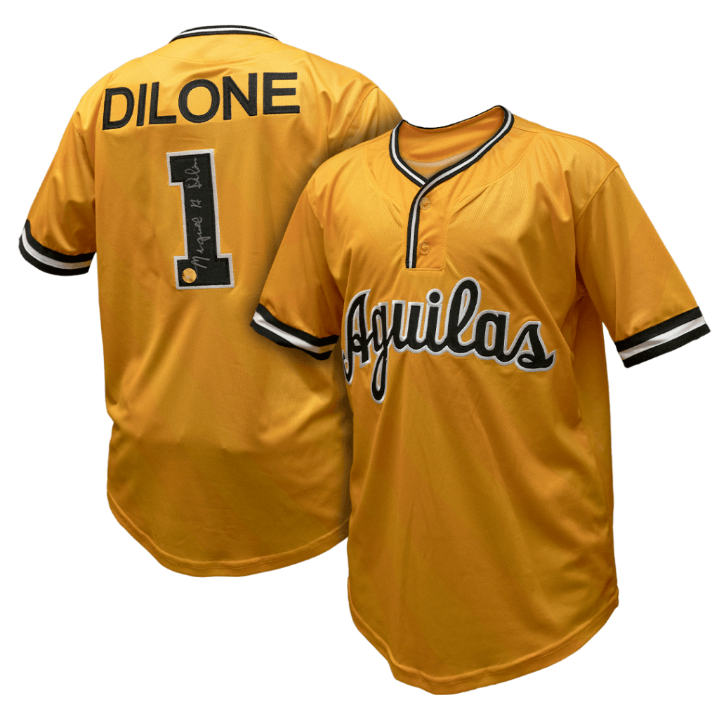 MIGUEL DILONE "LA SAETA" AUTHENTIC AGUILAS CIBAEÑAS YELLOW JERSEY AUTOGRAPHED
