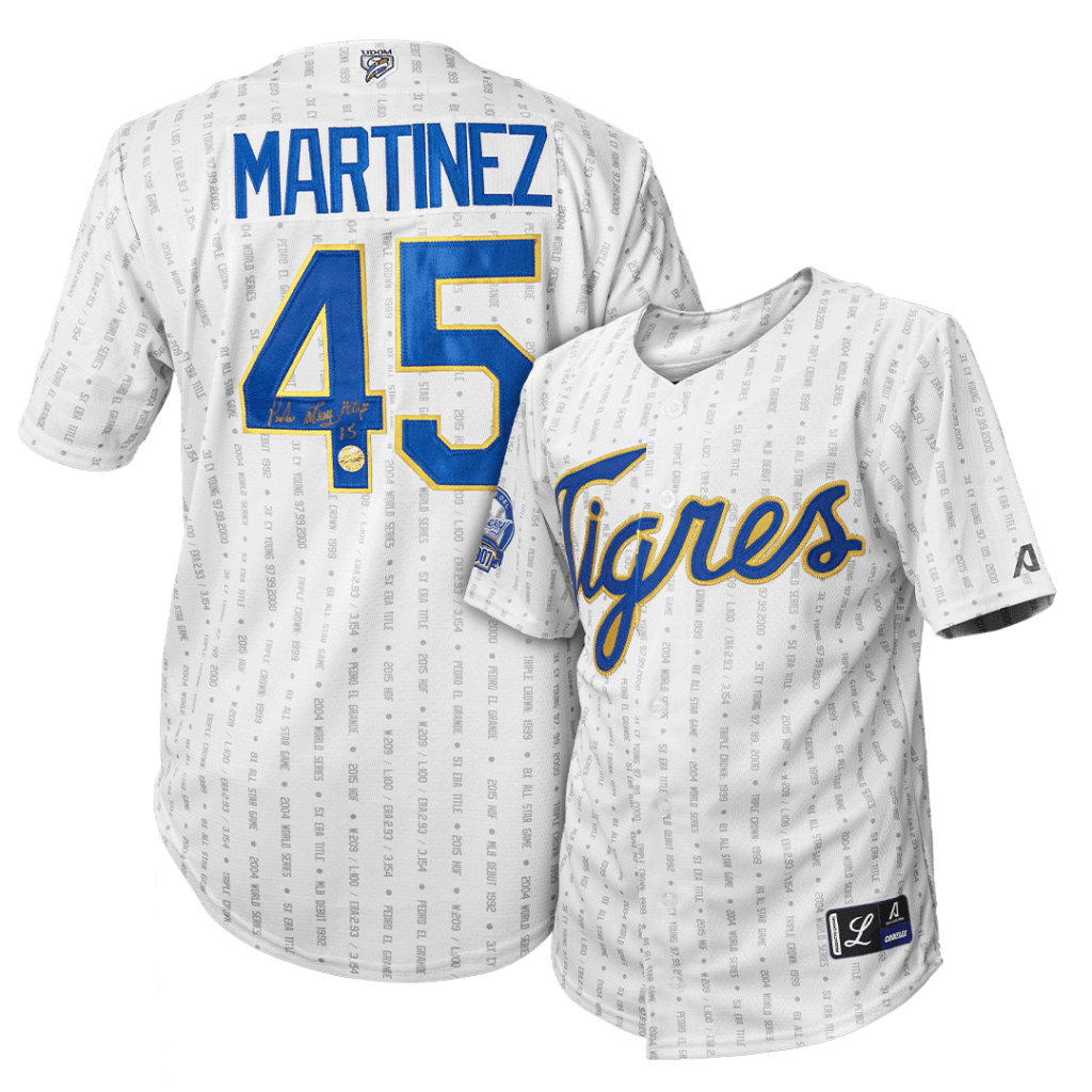 Autographed Tigres del Licey Pedro Martinez Authentic White Arrieta Jersey with "HOF 15" Inscription